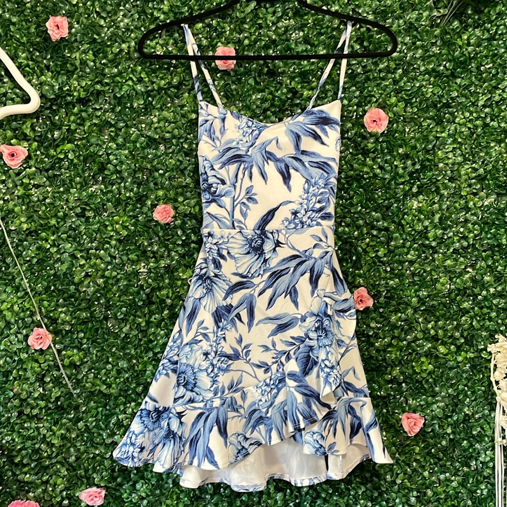 Blue and White Floral Dress (Stretchy) with back Bowtie